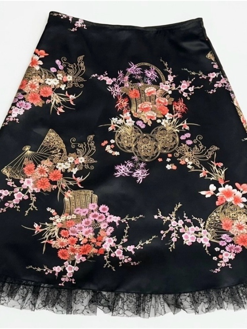 Vintage Miss Me Black Satin A-Line Skirt with Pink Floral and Gold Accents